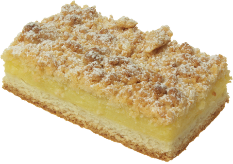 Stück gefüllter Streuselkuchen mit Puddingfüllung und Hefeteigboden